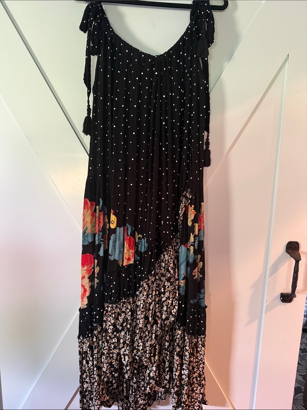 Free People Black Polka Dot Maxi Dress with Floral Panels